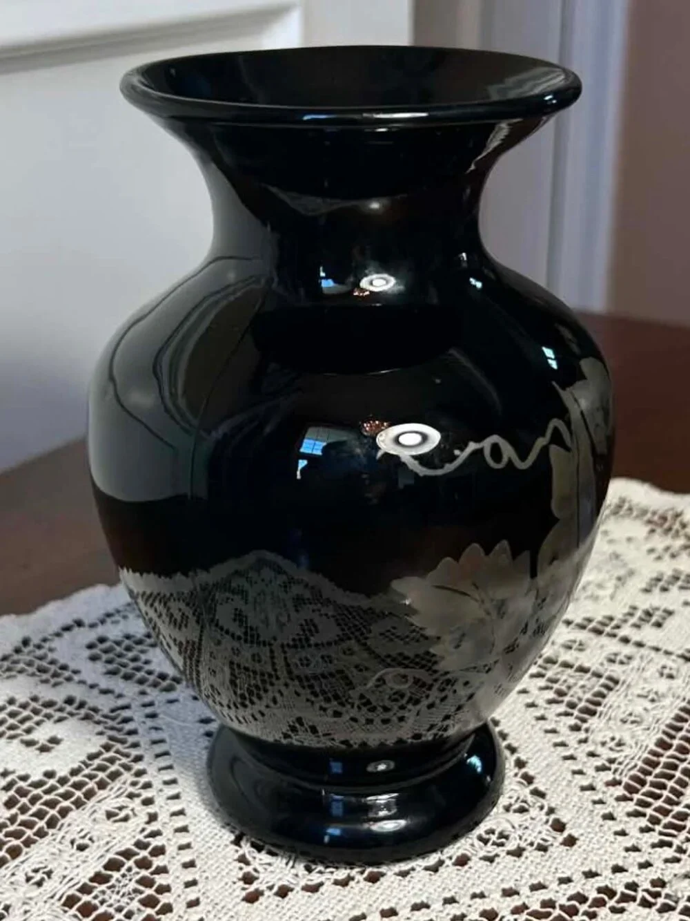 Vintage Fenton Black Amethyst Glass Vase - Silver Poppies Hand Painted Signed